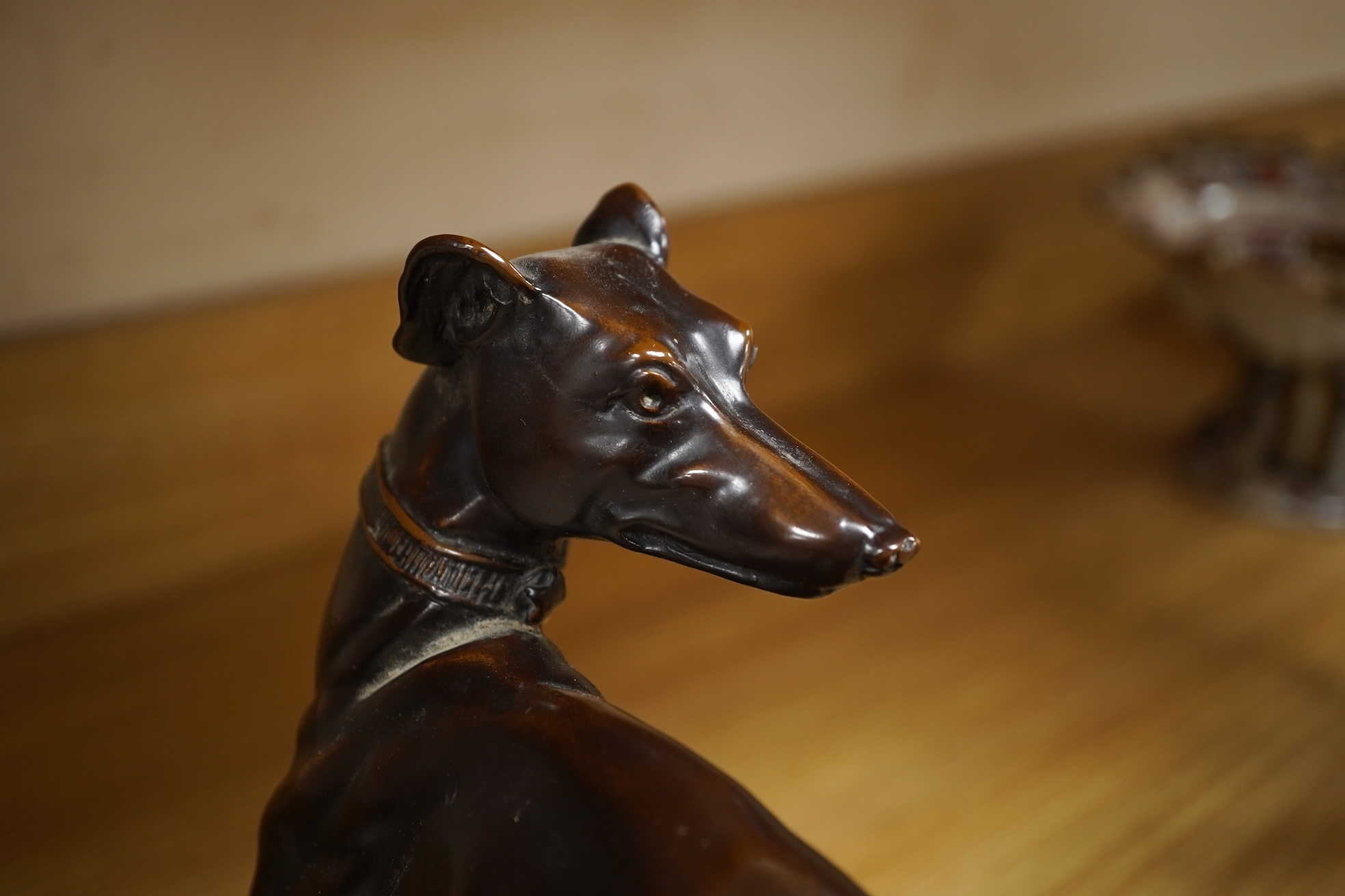 After Theodore Gechter, a model of bronze greyhound, 32cm wide x 29.5cm high
